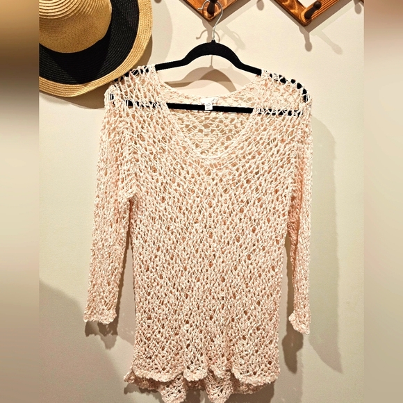 J. Jill Sweaters - J Jill Knit Crochet Top Small - Boho Fairycore Festival Powder Pink & White